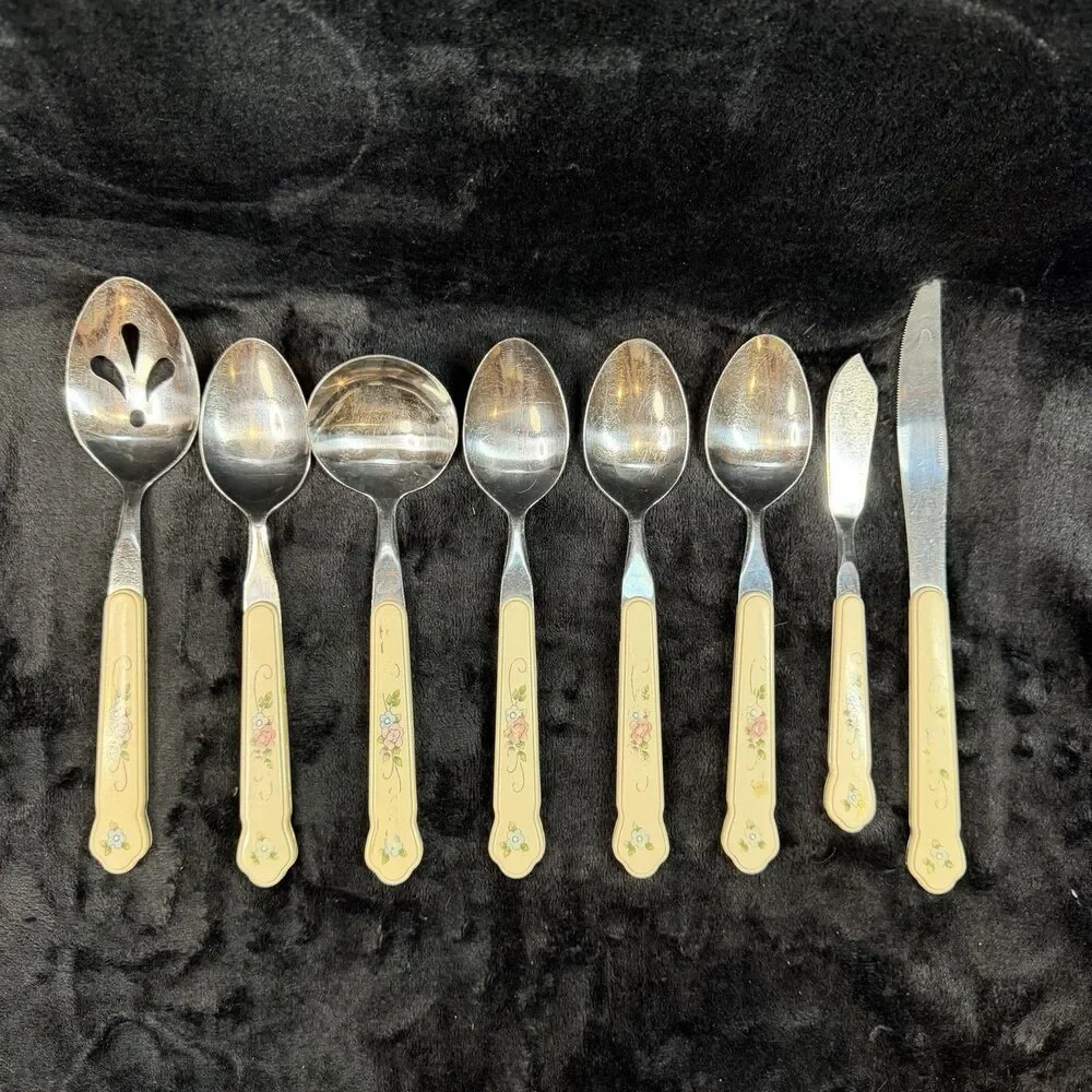 Pfaltzgraff Tea Rose Flatware 8 Piece Stainless Serving Pieces Country Vintage